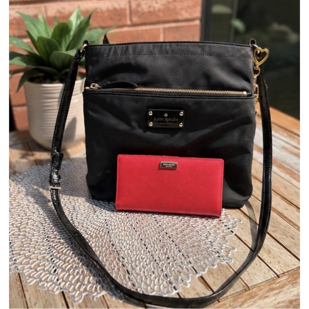 Kate Spade Black Nylon Crossbody Bag & Red Leather Wallet Bundle Gold Hardware